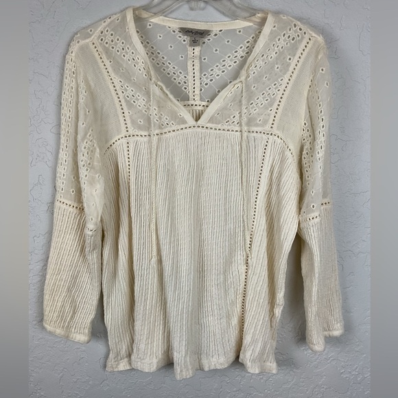 Women’s Lucky Brand Cream Eyelet Knit Peasant Boho Top Tassels Size Large - Picture 2 of 8